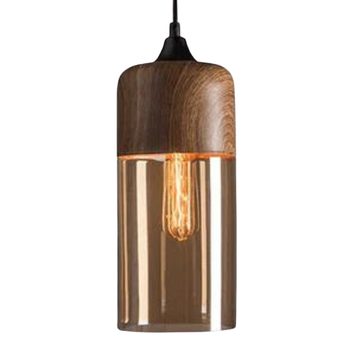 Arven wooden pendant light with glass shade, minimalist ceiling fixture for modern homes.