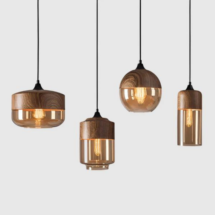 Nordic wooden pendant light, sleek design & warm glow, perfect for contemporary decor.