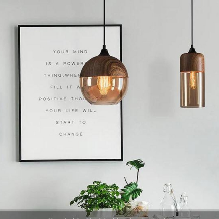 Arven Scandinavian wooden ceiling fixture, a modern light with natural wood and glass.