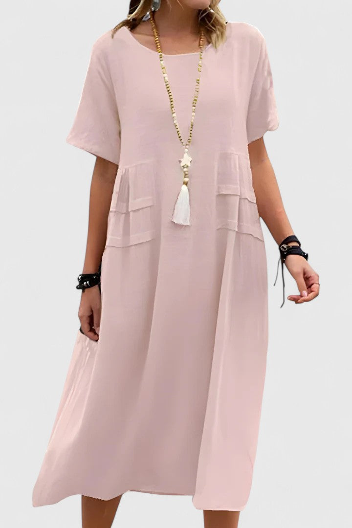 Stylish women's midi dress, elegant & flattering. Versatile day-to-night fashion. Comfortable for special occasions or summer.