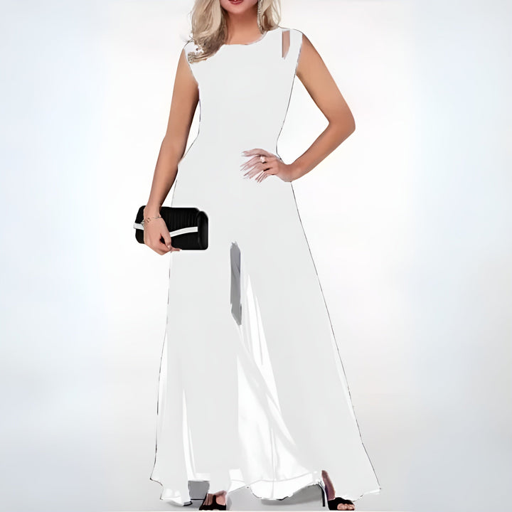 Flowy wide-leg sleeveless women's jumpsuit, elegant and modern occasion wear for parties & events.