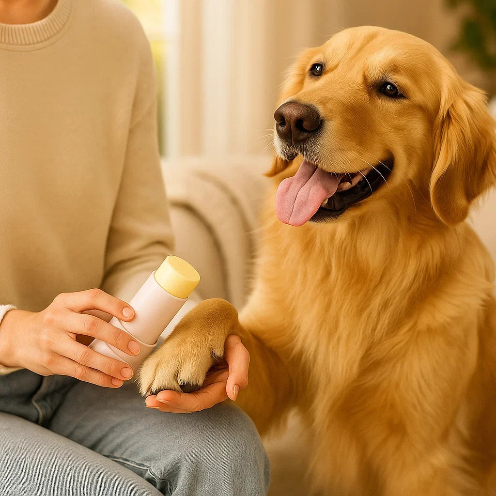 Pet's Paw & Nose Balm Stick provides nourishing protection for dry, cracked paws & noses of dogs & cats.