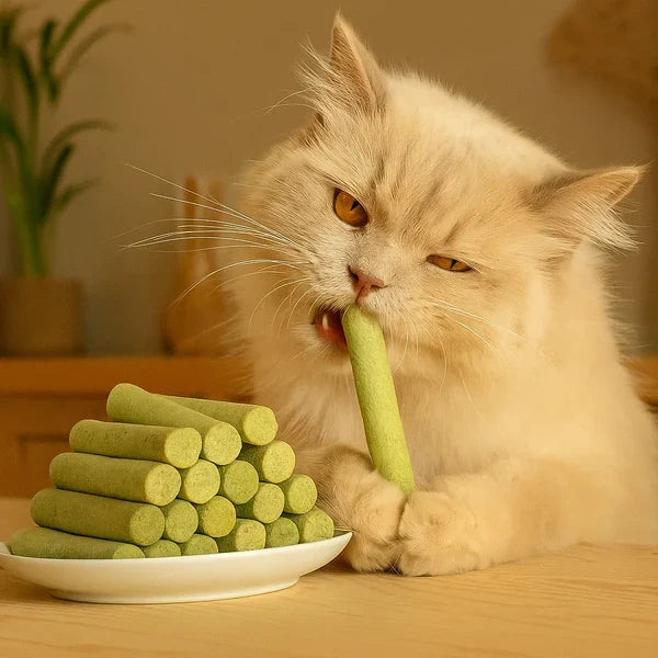 Premium cat grass chew sticks promote feline dental health, aid digestion & prevent hairballs. A natural cat treat.