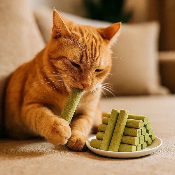 Natural cat grass chewing sticks for dental health, digestion & hairball control. Healthy feline treat & chew toy.