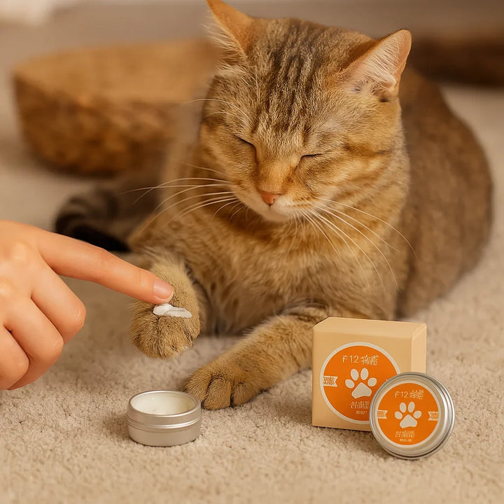 Gentle cat paw cream for dry, cracked paws. Moisturizes and soothes, promoting soft, healthy feline paws.