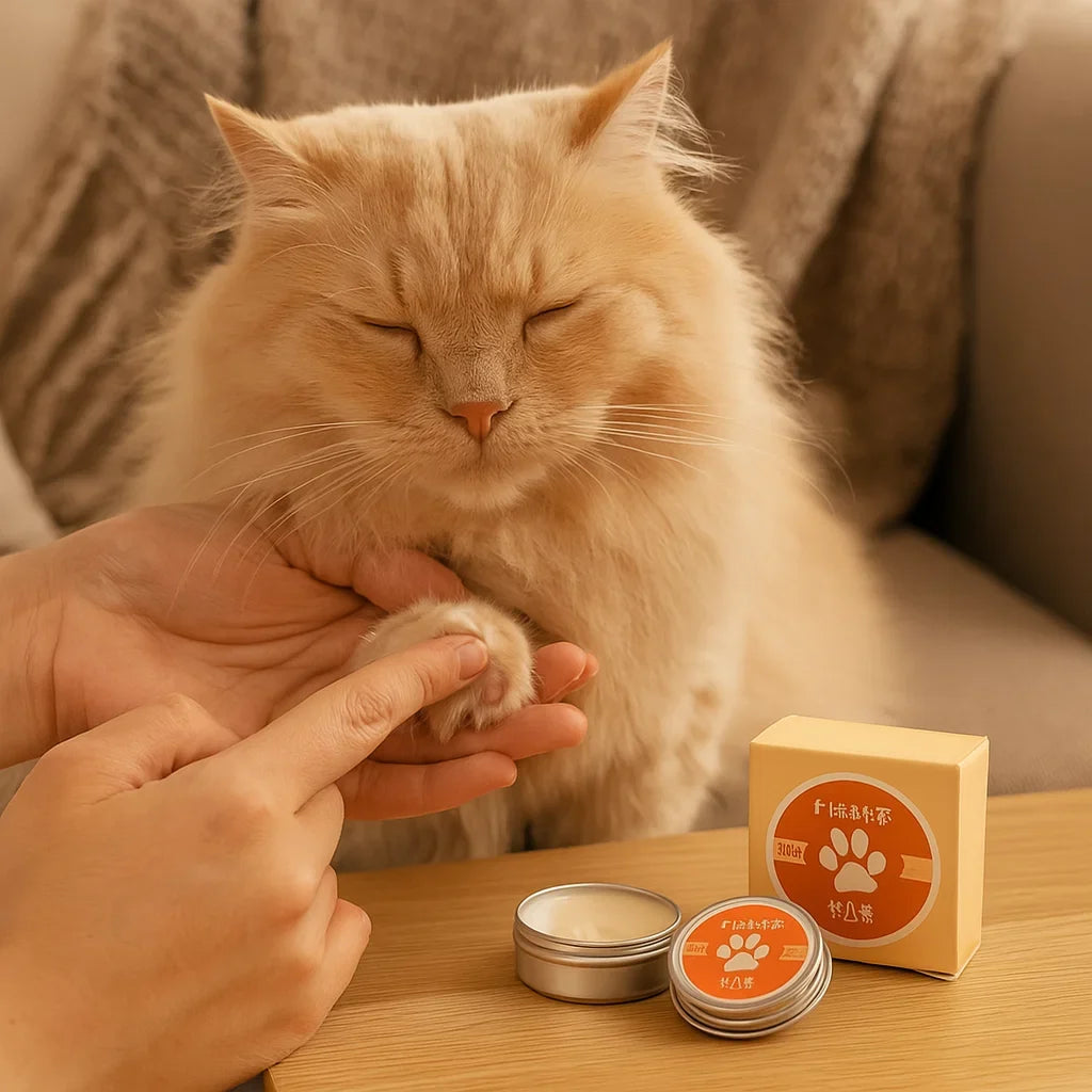 Moisturizing cat paw protection cream heals dry, cracked paws. Promotes soft, healthy feline paws & comfort.