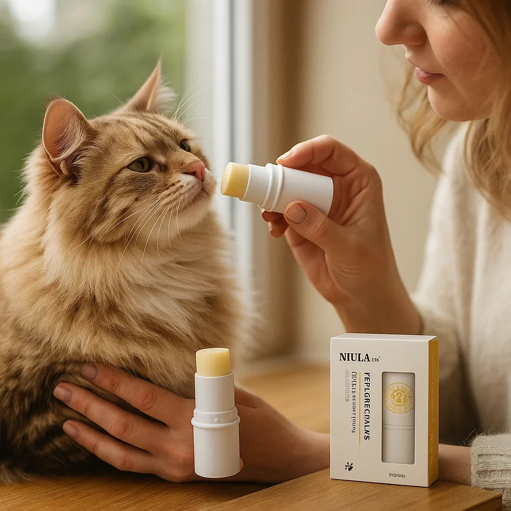 Natural Paw & Nose Balm Stick for cats. Soothes dry, cracked paws & noses, promoting comfort & healthy skin.