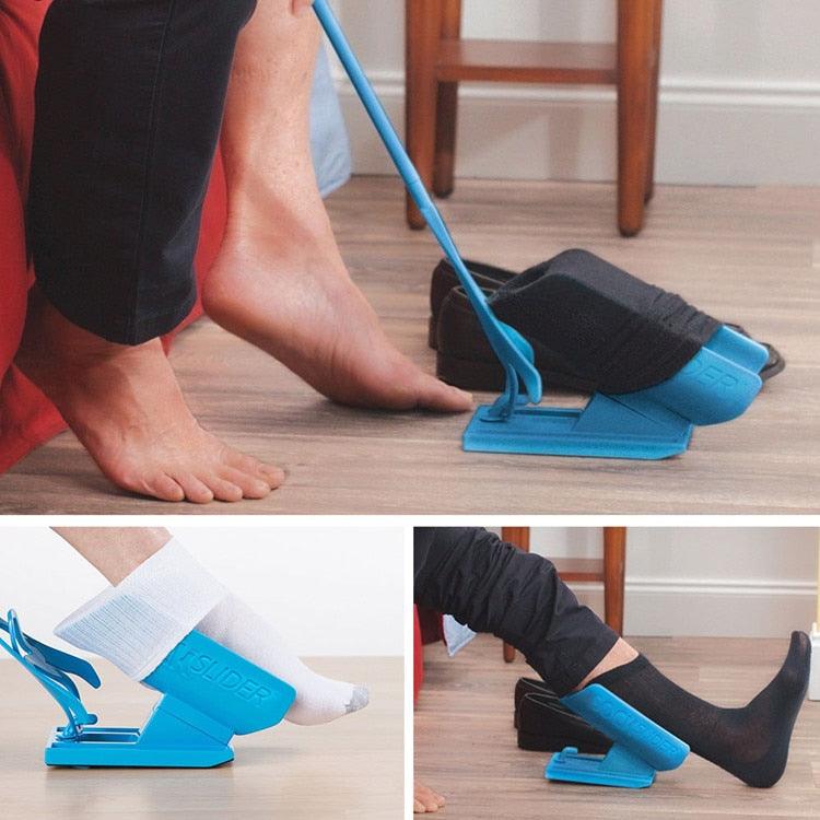 Assistive sock aid device for independent living. Enables easy sock application for those with hip/knee surgery or back pain.
