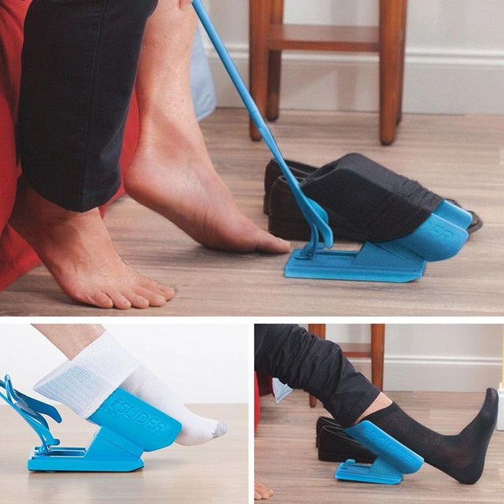 Assistive sock aid device for independent living. Enables easy sock application for those with hip/knee surgery or back pain.