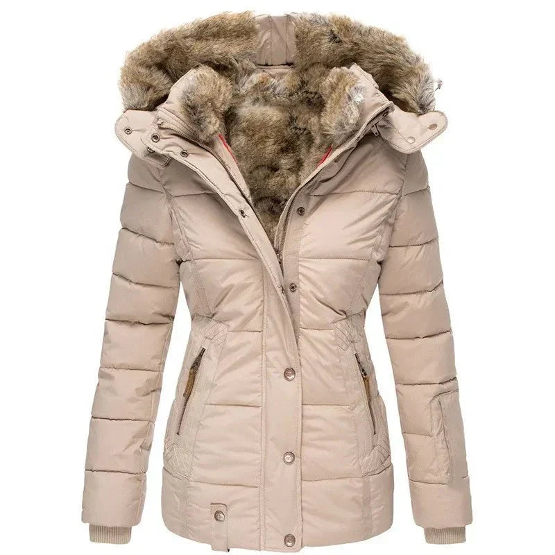 Women's luxury puffer jacket, shown open, revealing inner lining and its plush faux fur hood for winter style.
