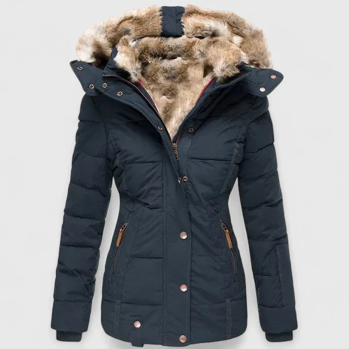 Stylish women's elegant winter jacket, a warm long coat for cold weather and fall fashion outerwear.