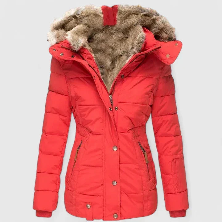 Comfortable women's long winter coat for elegant cold weather fashion. Warm outerwear, perfect for fall.