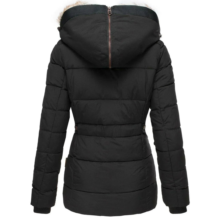 Cozy women's fashion puffer coat, designed for supreme warmth with a luxurious faux fur hood.