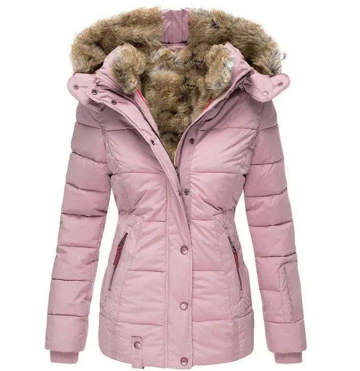 Flat lay: Women's luxury quilted puffer jacket with a cozy faux fur hood, emphasizing its elegant design and warmth.