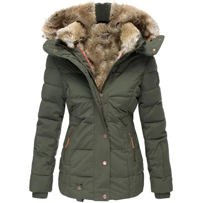 Back view: Elegant women's winter puffer jacket with a cozy faux fur hood, highlighting its warm silhouette.