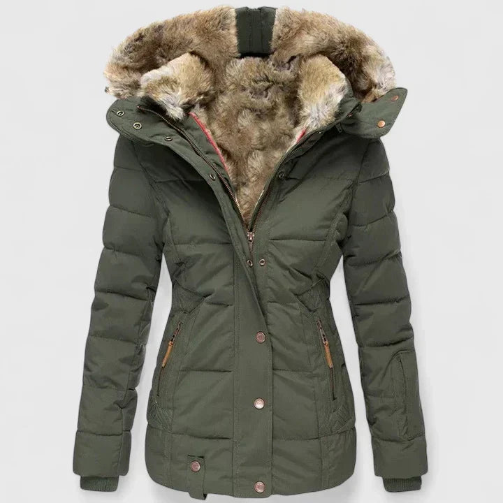 Elegant women's winter coat in a flattering long style, perfect for warm fashion & cold weather outerwear.