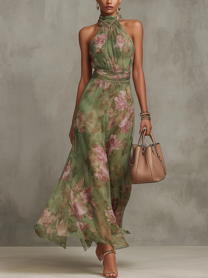 Elegant women's green halter maxi dress for summer. Flowy and stylish, perfect for vacation or special occasions.