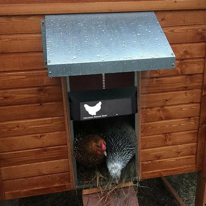 Automatic chicken coop door with light sensor, weatherproof brown frame; opens/closes by itself, protects from predators.