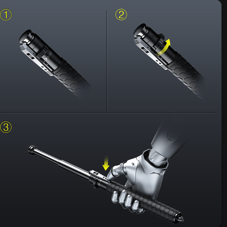 "Automatic self-defense walking stick for urban safety with one-click deploy, anti-slip grip, and lightweight alloy design."