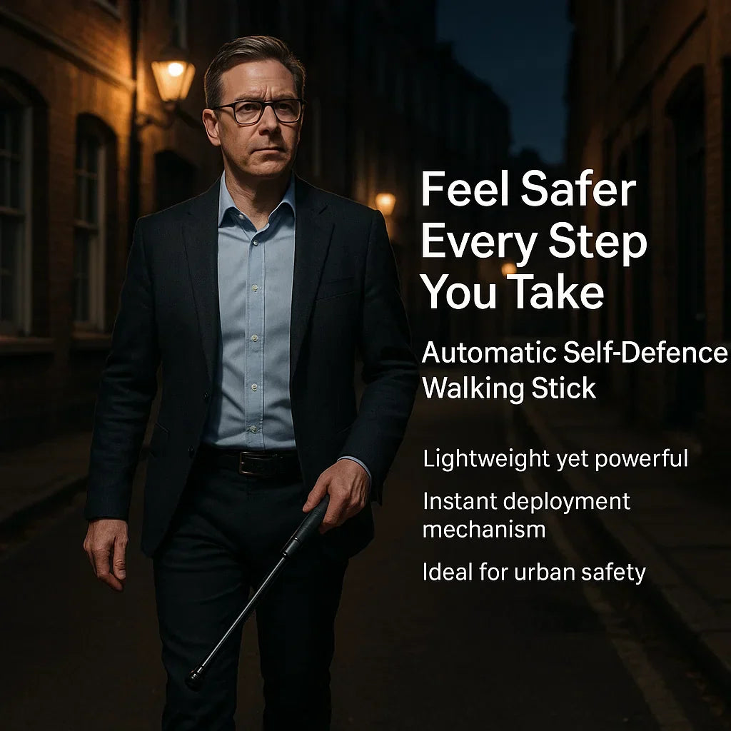 "Automatic self-defense walking stick for urban safety with one-click deploy, anti-slip grip, and lightweight alloy design."