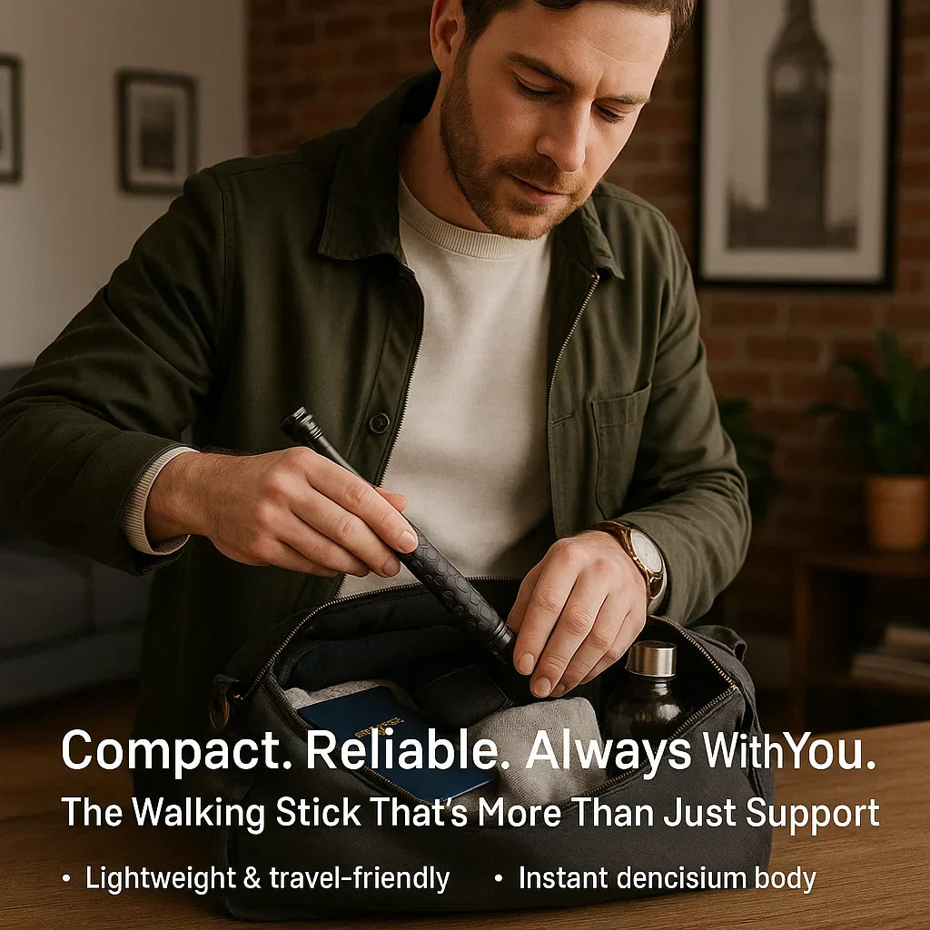 "Automatic self-defense walking stick for urban safety with one-click deploy, anti-slip grip, and lightweight alloy design."