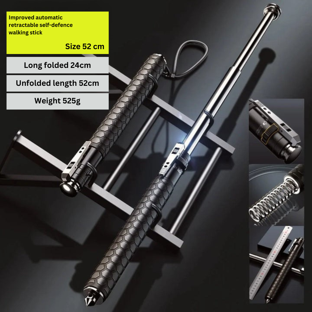 "Automatic self-defense walking stick for urban safety with one-click deploy, anti-slip grip, and lightweight alloy design."