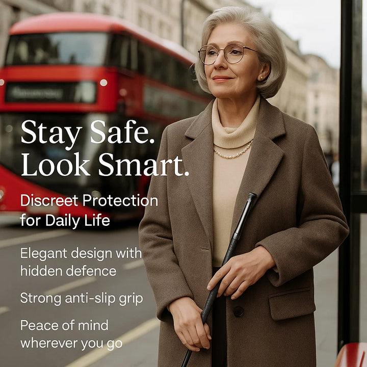 "Automatic self-defense walking stick for urban safety with one-click deploy, anti-slip grip, and lightweight alloy design."