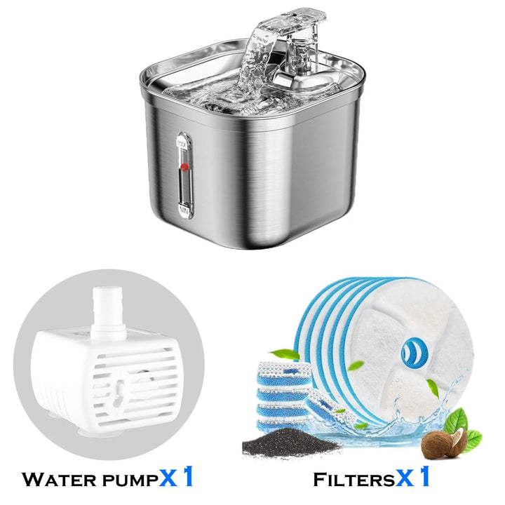 "Automatic stainless steel cat water fountain with triple filtration, quiet pump, and adjustable flow for pet hydration."