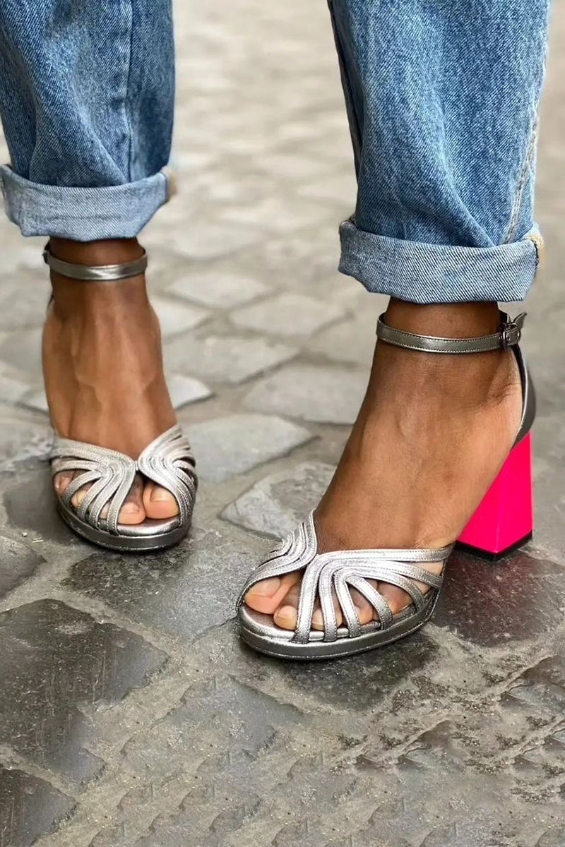 Stylish silver women's block heel sandals with adjustable ankle strap, fashion heeled footwear for elegant parties.