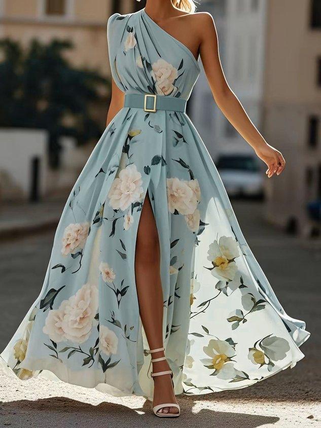 Women's fashion: elegant one-shoulder ruched A-line maxi dress, a stunning formal party outfit.