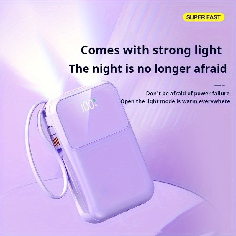 Versatile 10000mAh portable power bank with fast charging and multiple built-in universal cables.
