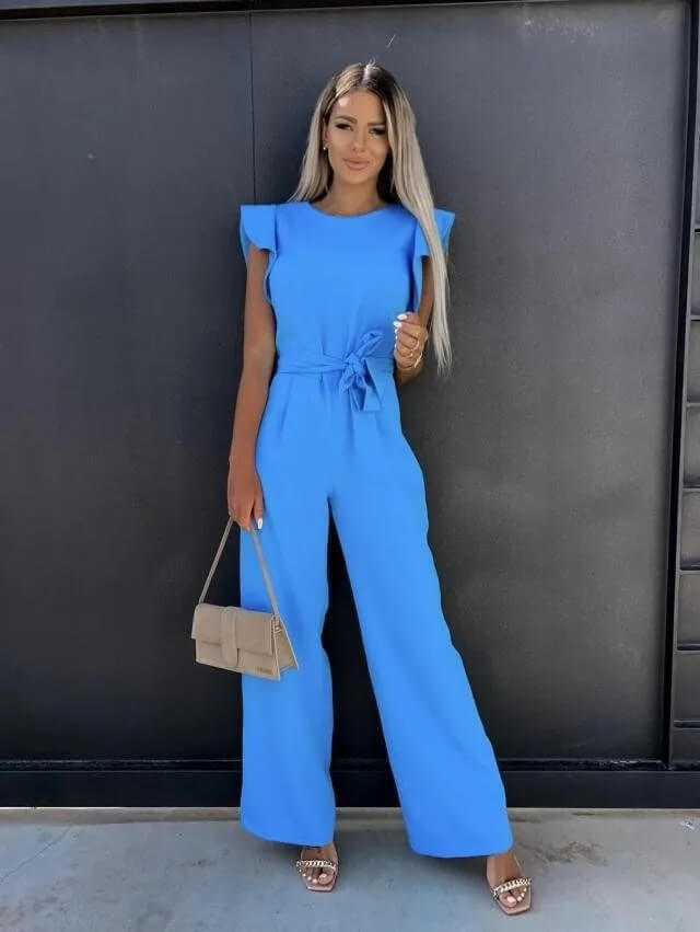 Women's elegant wide-leg belted jumpsuit with airy butterfly sleeves.