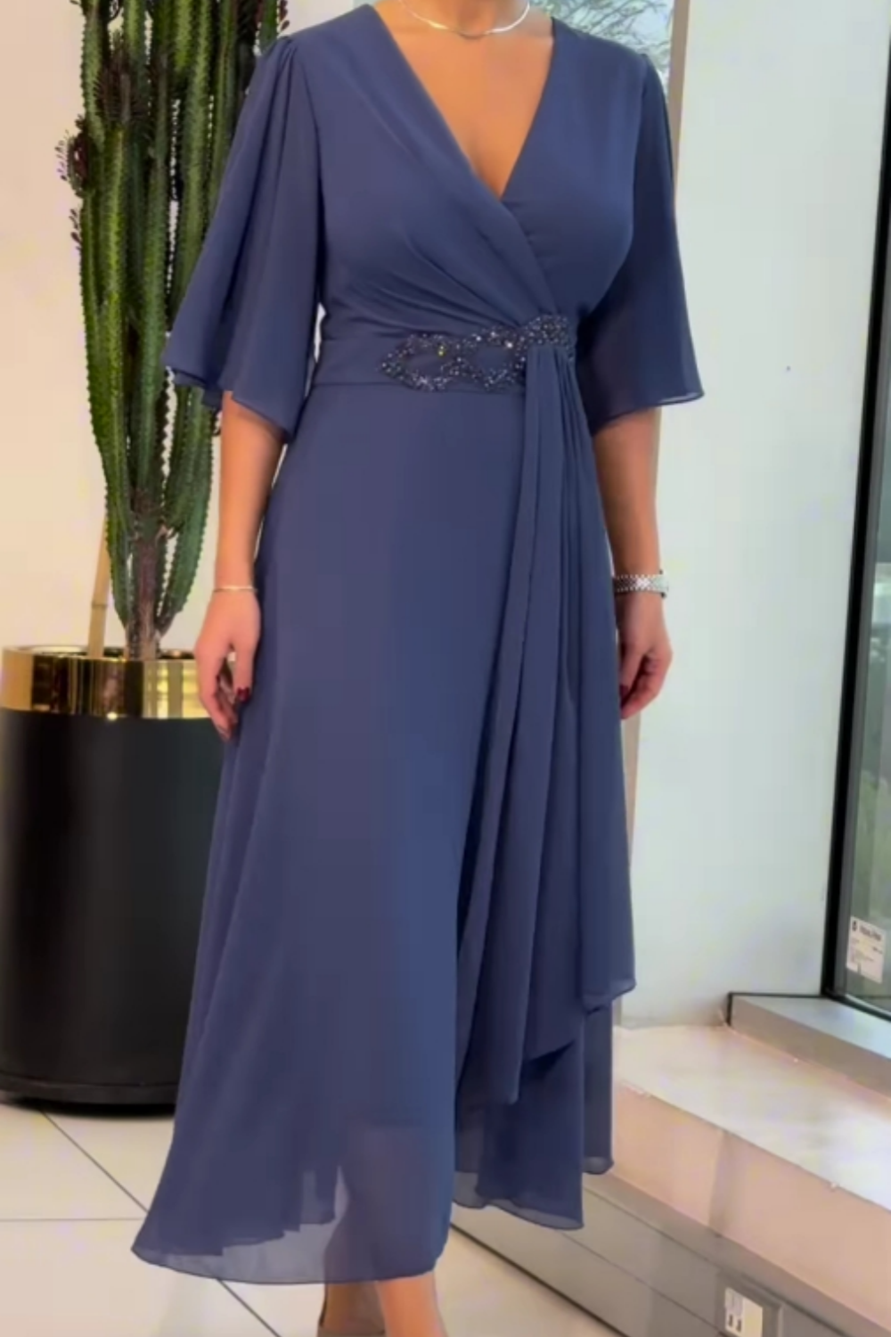 Women's elegant long V-neck formal dress in grey or blue, ideal for special events & fashion.
