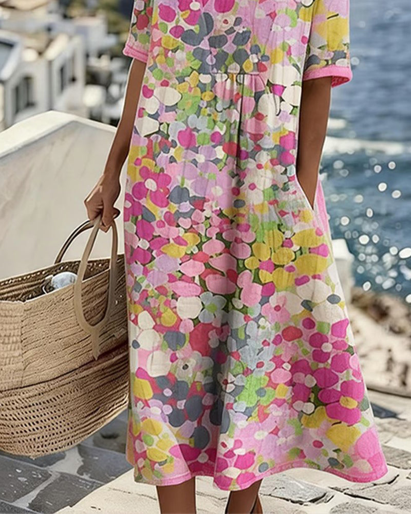 Versatile women's floral print midi dress, short sleeve, round neck, for casual or elegant spring wear.