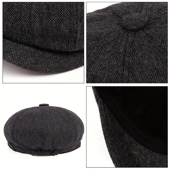 Men's driving cap, newsboy style, herringbone, retro vintage flat cap accessory.