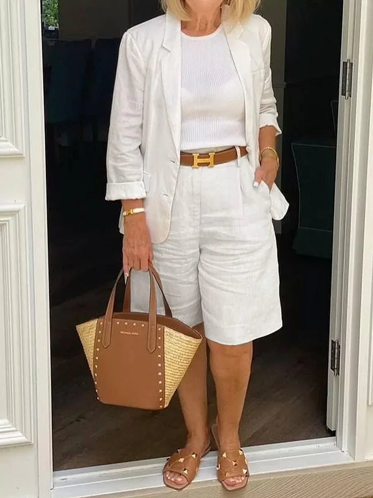 Women's casual summer two-piece set featuring a stylish jacket and comfortable shorts, perfect for warm weather loungewear.
