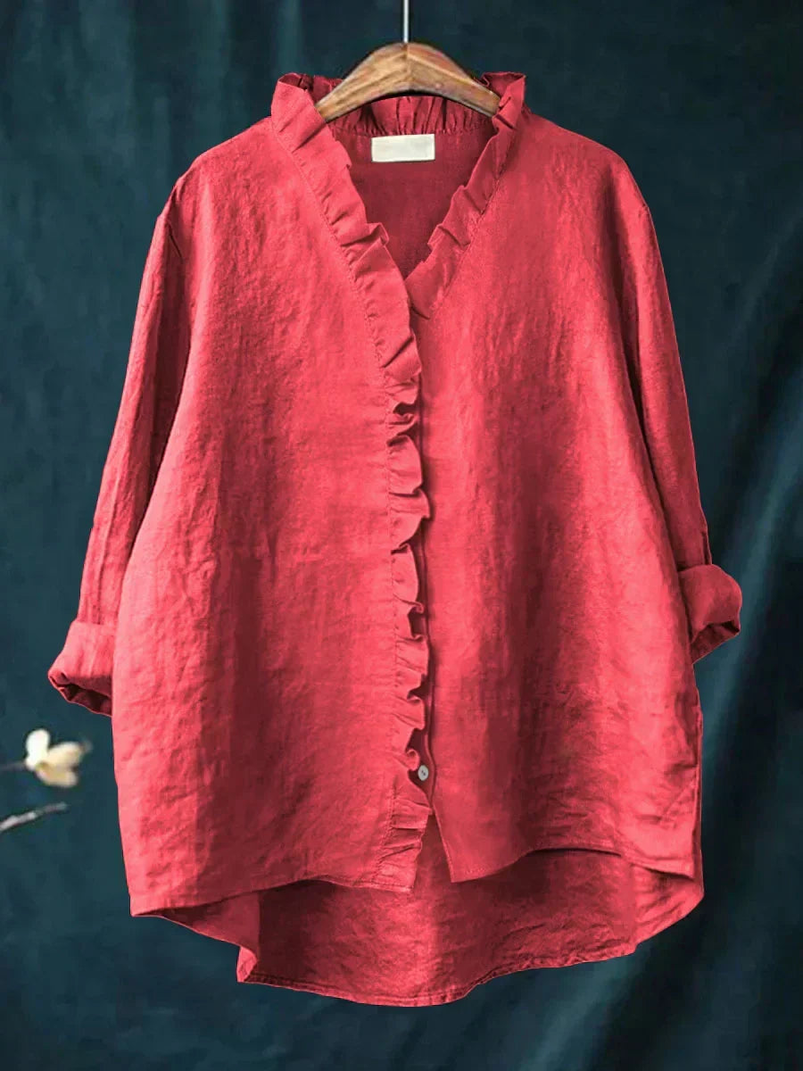 Women's casual ruffle V-neck blouse with long sleeves, perfect for everyday style.