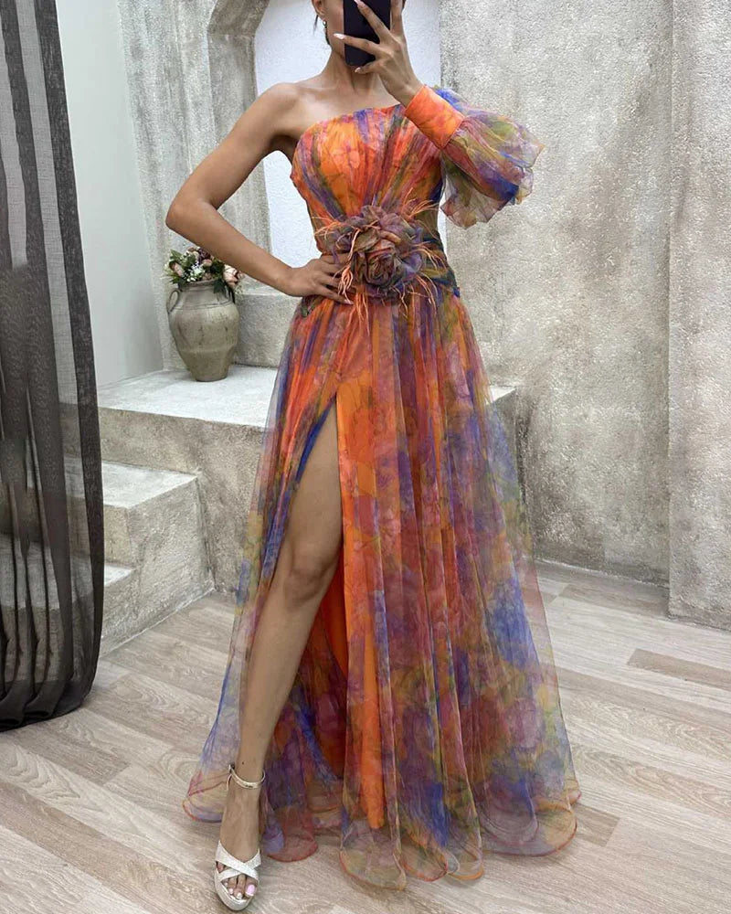 Graceful one-sleeve V-neck maxi dress. Formal women's occasion wear, ideal for wedding guest attire.