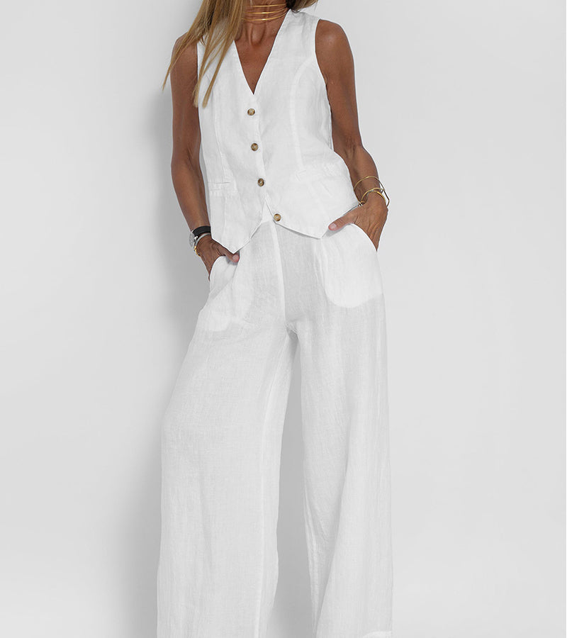 Women's smart casual wear: Sleeveless V-neck top and wide-leg trousers in a chic, elegant set.