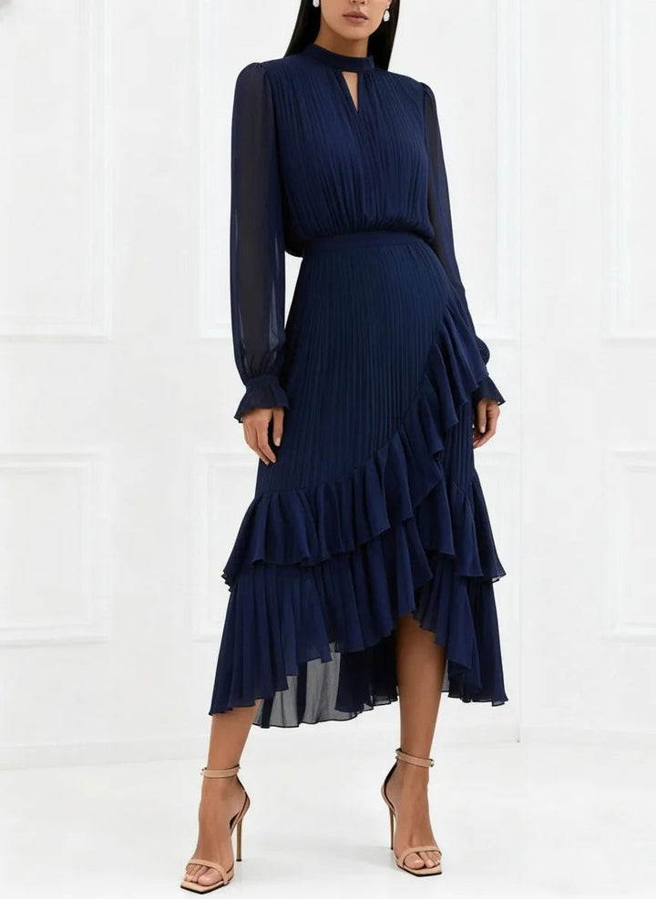 High-neck pleated women's midi dress, an elegant & chic option for summer parties.