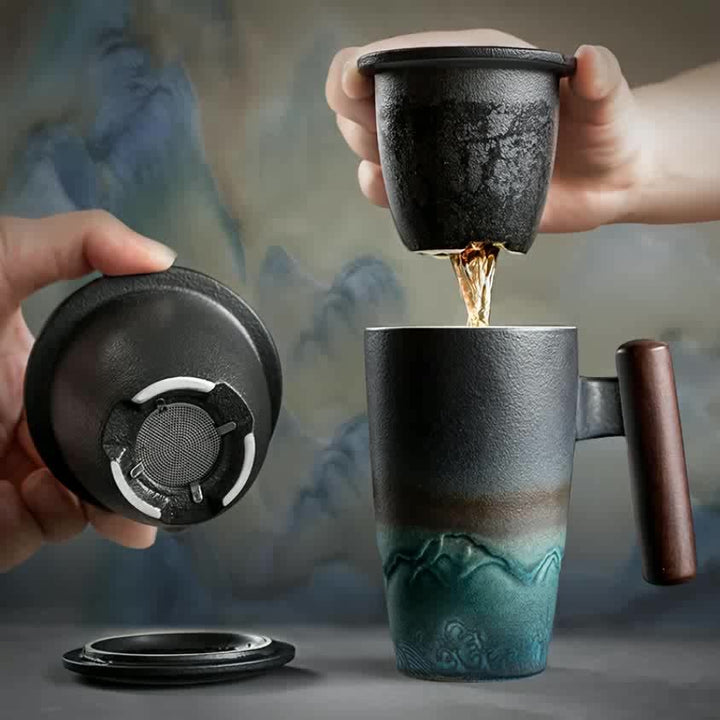 Artistic handcrafted ceramic tea mug with strainer; unisex design, comfortable, a perfect gift.