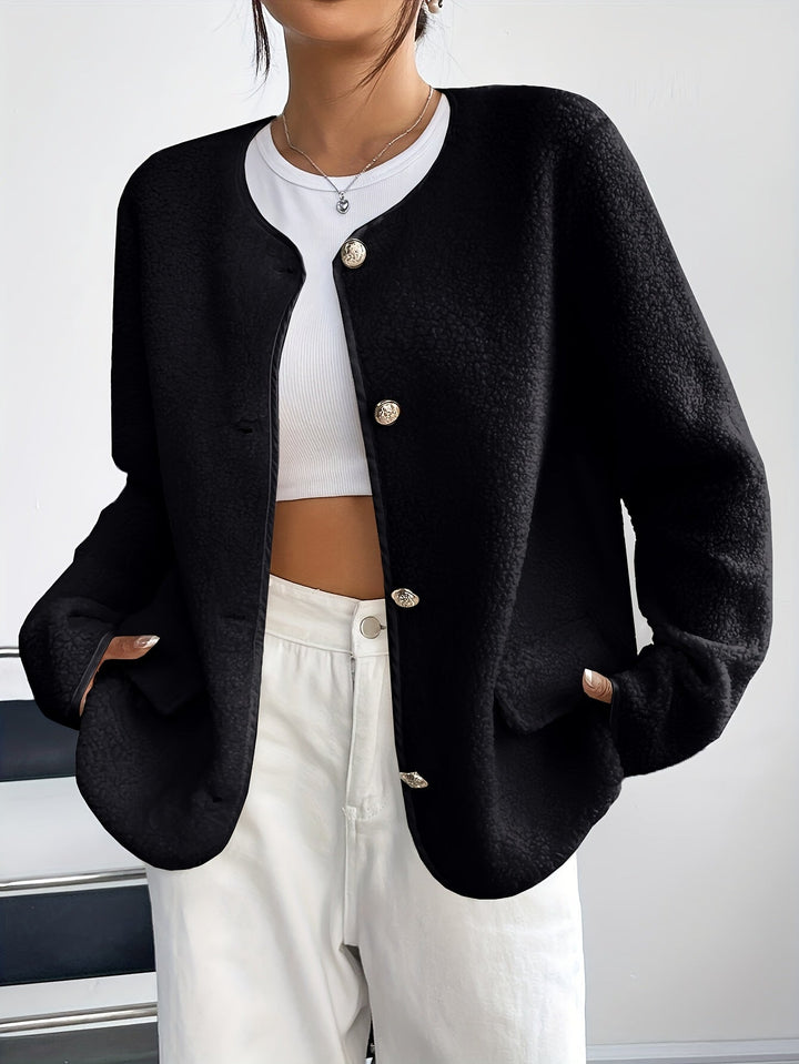Versatile women's elegant button-front jacket, long sleeve, for autumn fashion & winter outerwear.