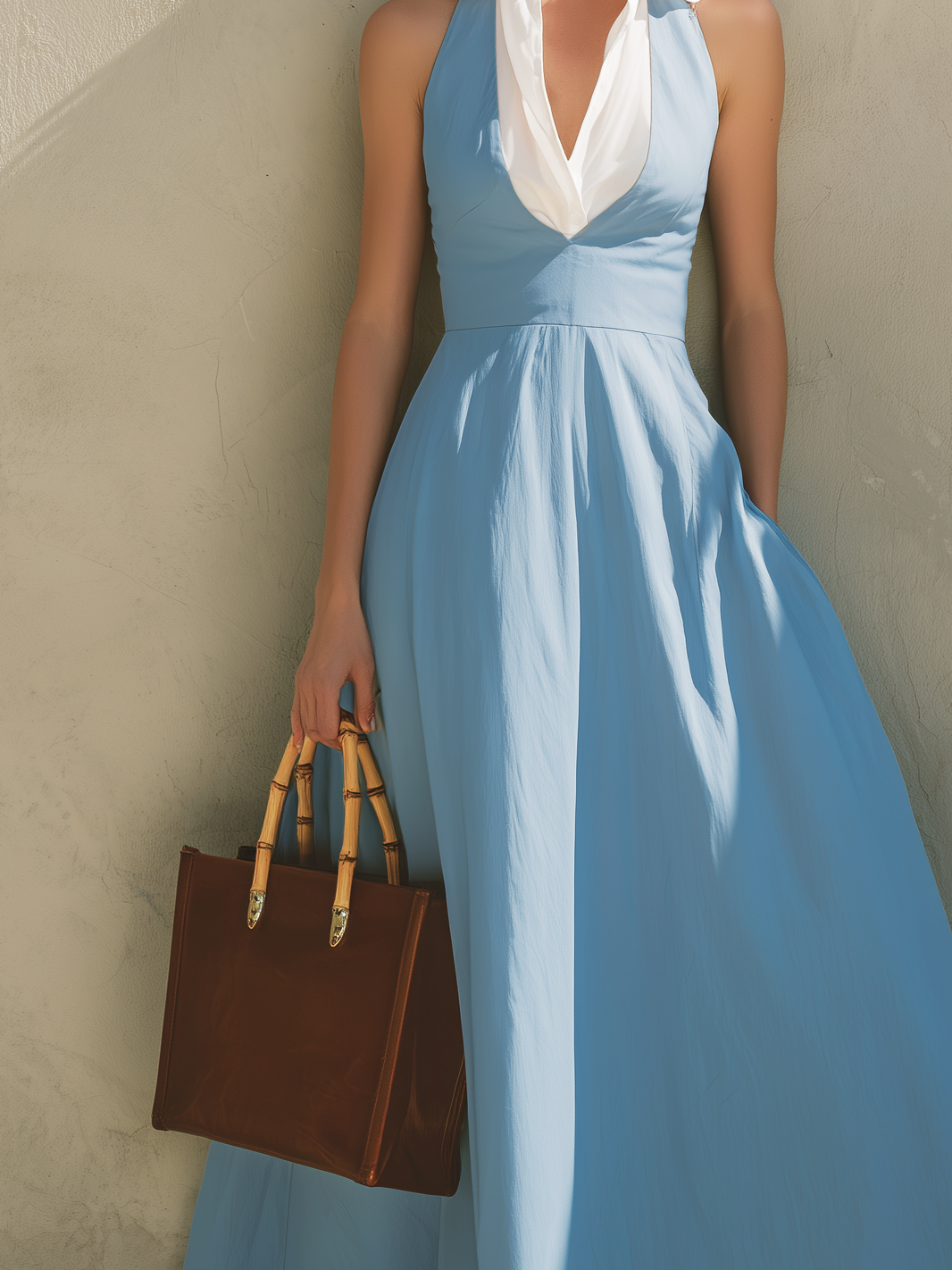 Flowing light blue sleeveless maxi dress for women, detailed with a modern shirt collar. Ideal summer fashion.