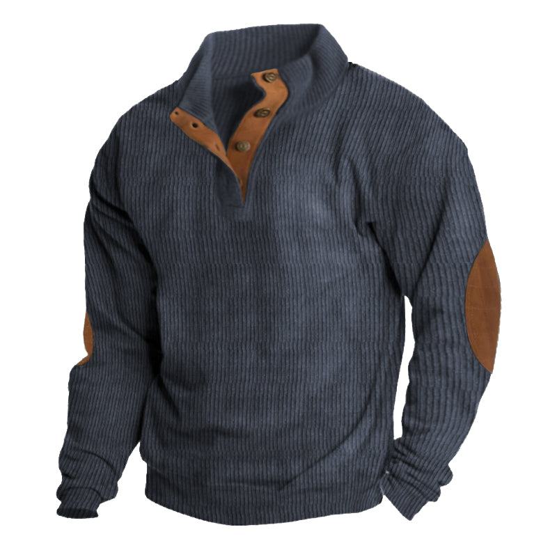 Stylish men's long-sleeve half-button pullover sweater with durable elbow patches for casual or smart-casual outfits.