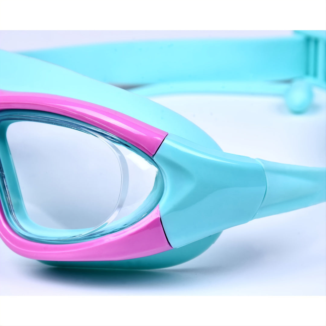 Easy-adjust kids swim goggles, comfortable silicone, large anti-fog frame, clear vision.