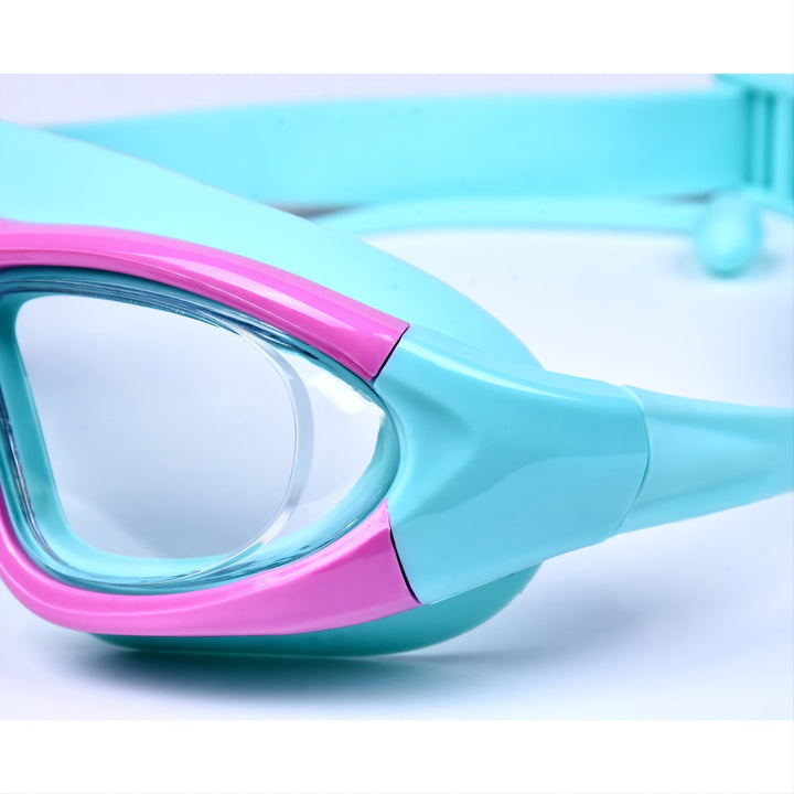Easy-adjust kids swim goggles, comfortable silicone, large anti-fog frame, clear vision.