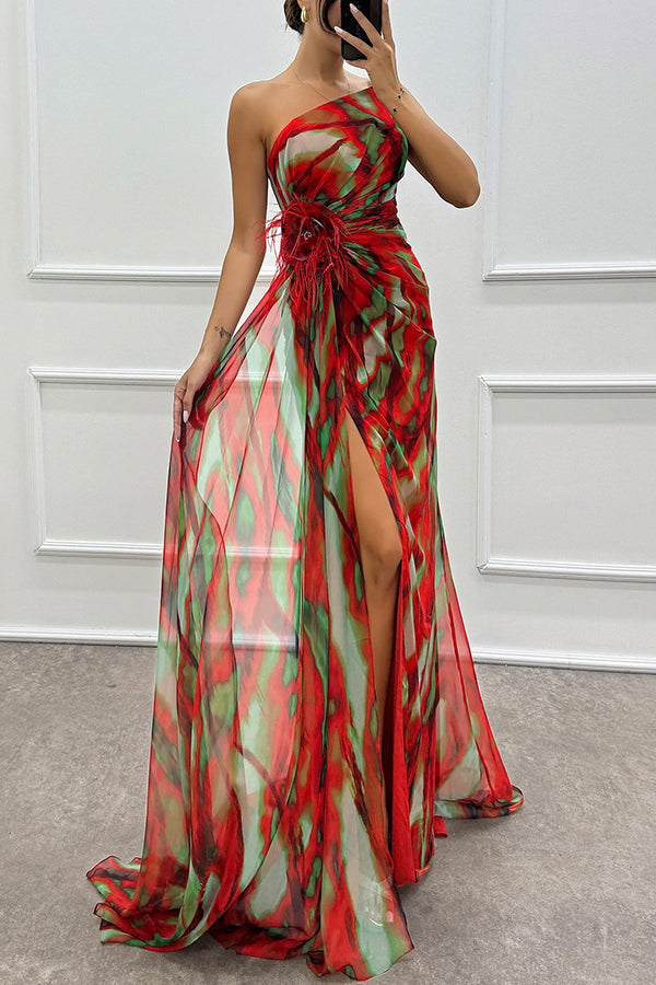 Flowing watercolor print off-shoulder maxi dress for women, featuring elegant pleats and a flattering back design.