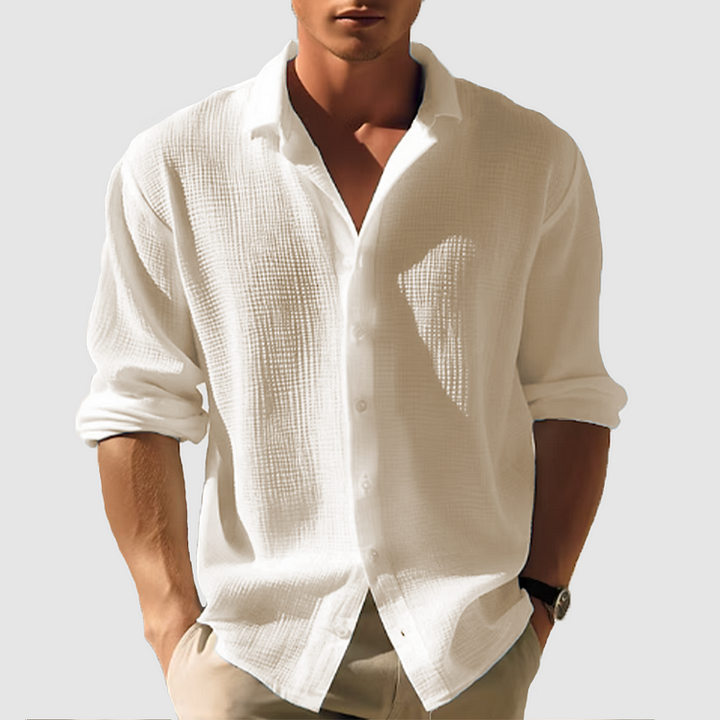 Soft fabric men's textured weave button-down shirt, comfortable long sleeve design for all-season smart casual.