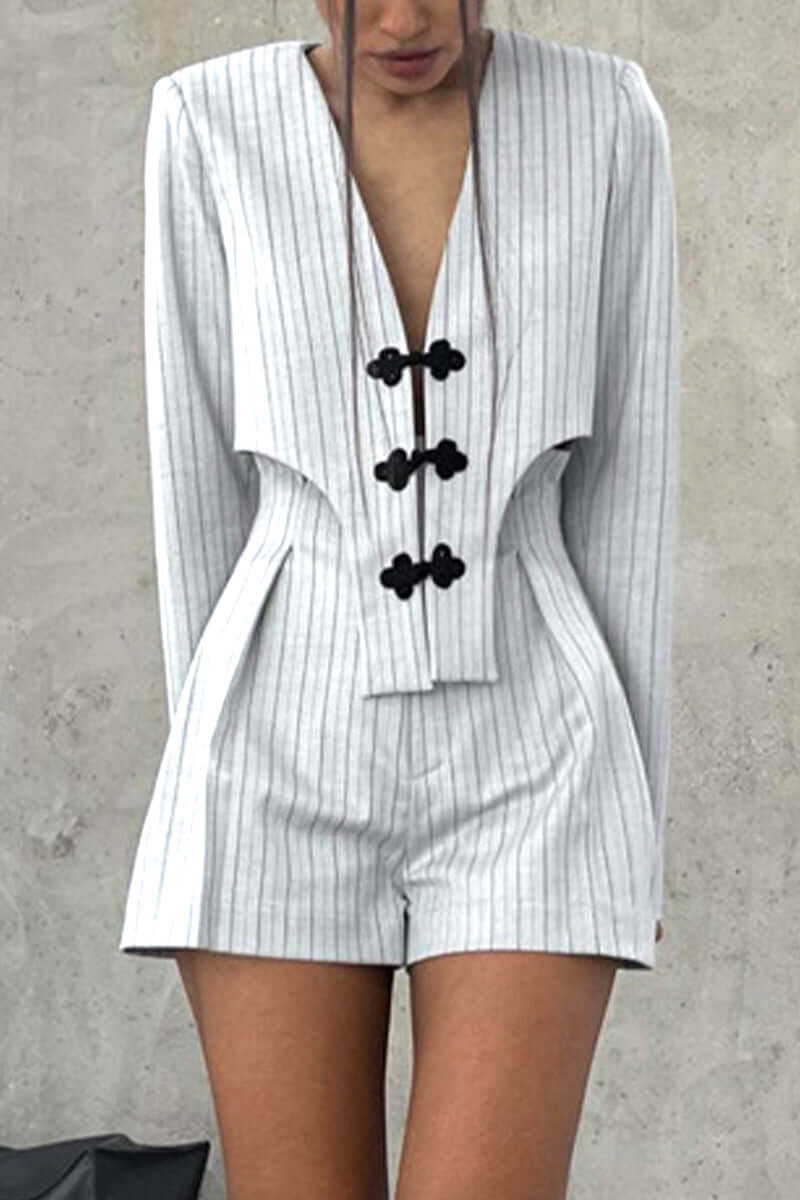Women's V-Neck Top & Striped Shorts Set