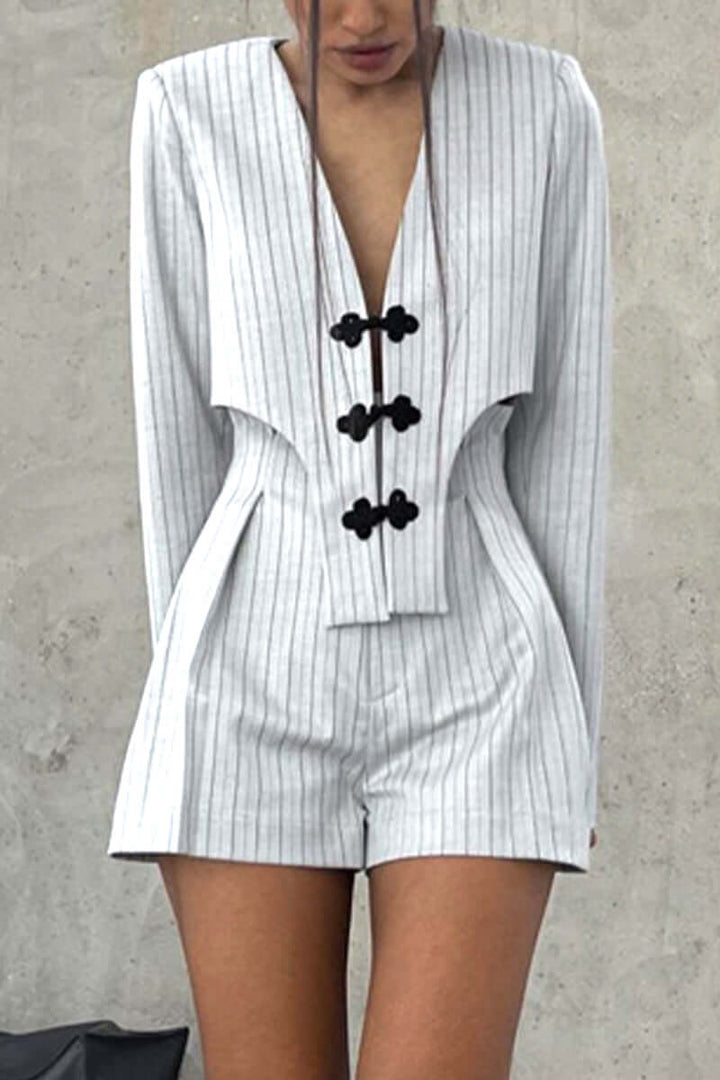 Women's V-Neck Top & Striped Shorts Set